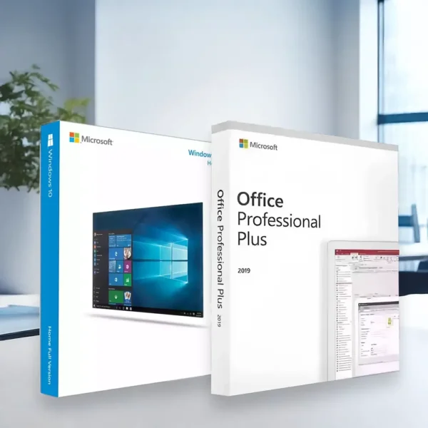 Windows 10 Home + Office 2019 Professional Plus Bundle Product Illustration in an Office on a desk