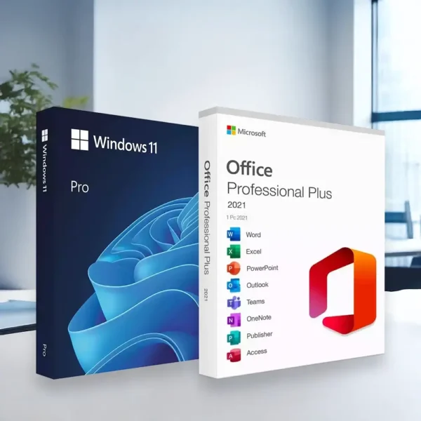 Windows 11 Pro + Office 2021 Professional Plus Bundle Product Illustration in an Office on a desk